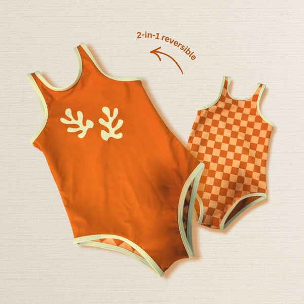 Mimi - Reversible checkered / coral one piece