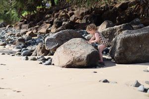 Recycled fabric kids one-piece with scoop back and high neck