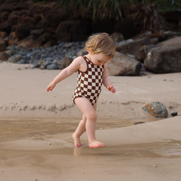 Stylish reversible toddler swimwear – checkered and yellow design